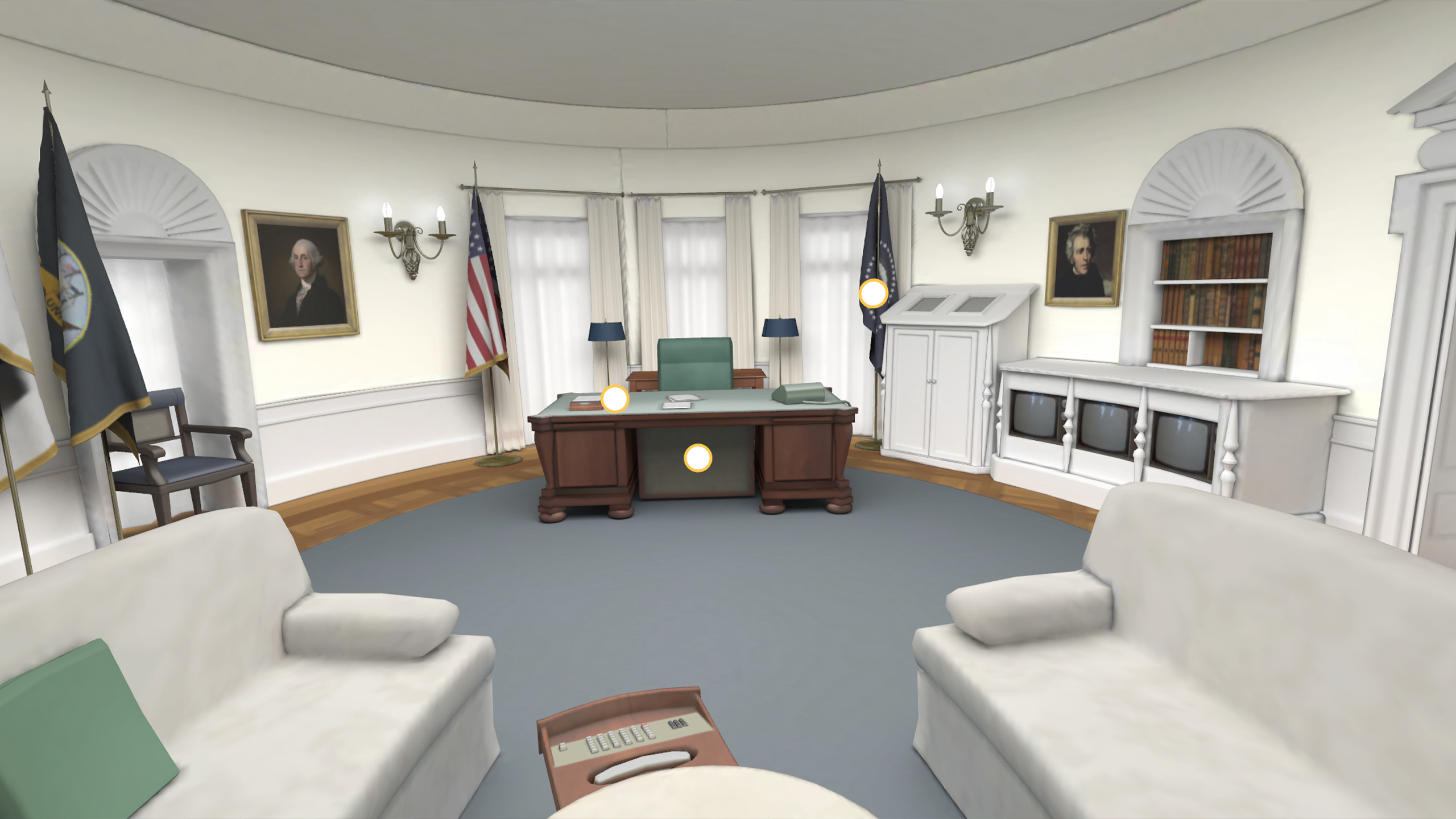 Oval Office: A 3D rendering of the Oval Office. There are white circles placed over items of interest for the user to click
                    on to learn more about the item.